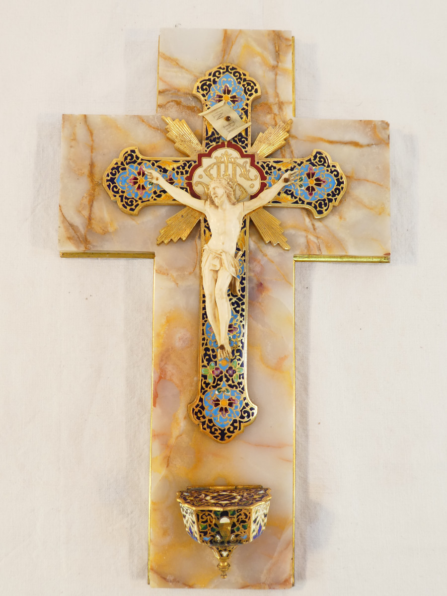 Large Benitier Crucifix Wall Mounted Onyx And Gilded Bronze Cloisonné 19th