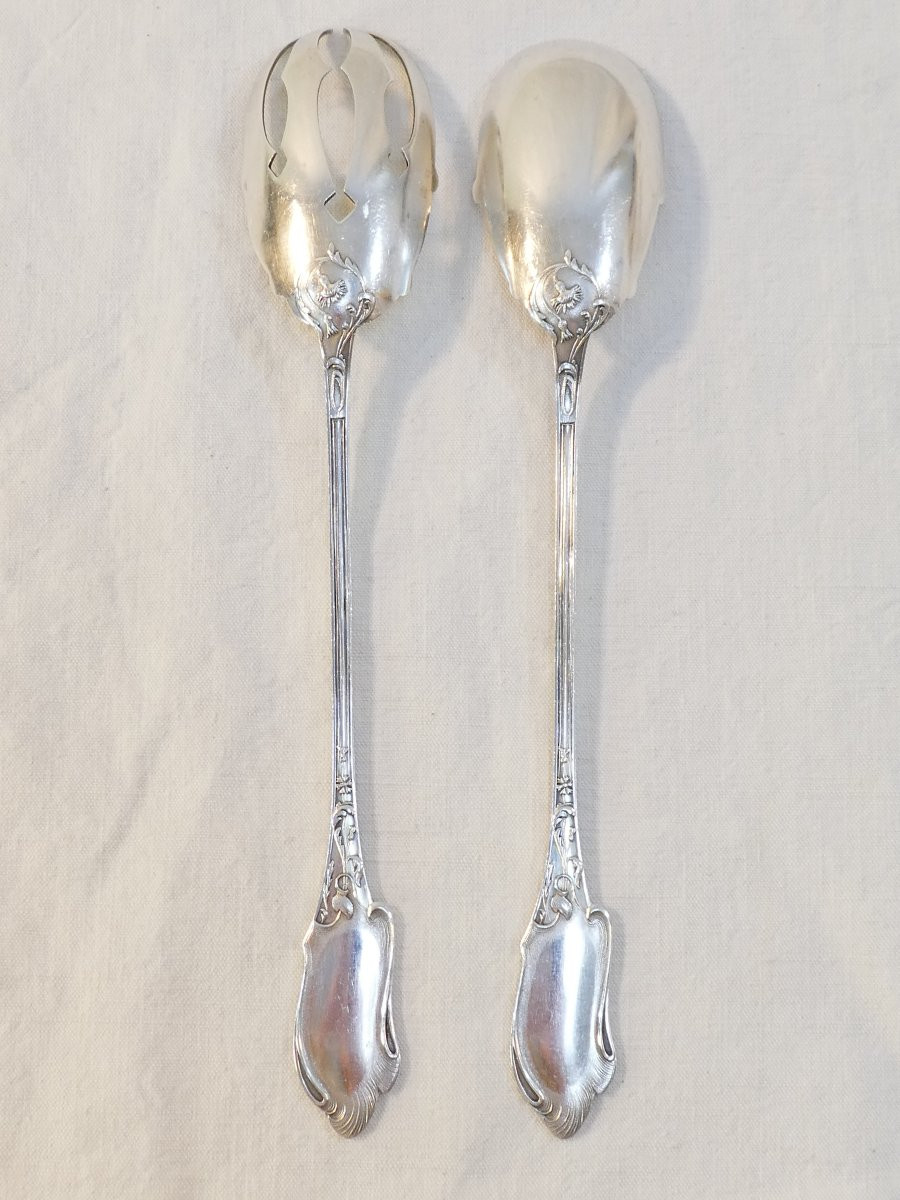 Couverts de service a Salade ART NOUVEAU en ARGENT MASSIF-photo-3