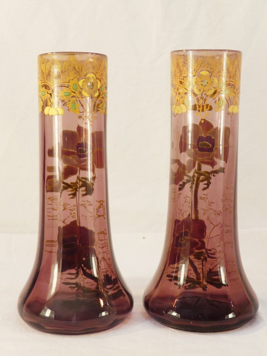 Pair Of Legras Vases In Enameled Glass From The Art Nouveau Period, Decorated With Anemones-photo-2