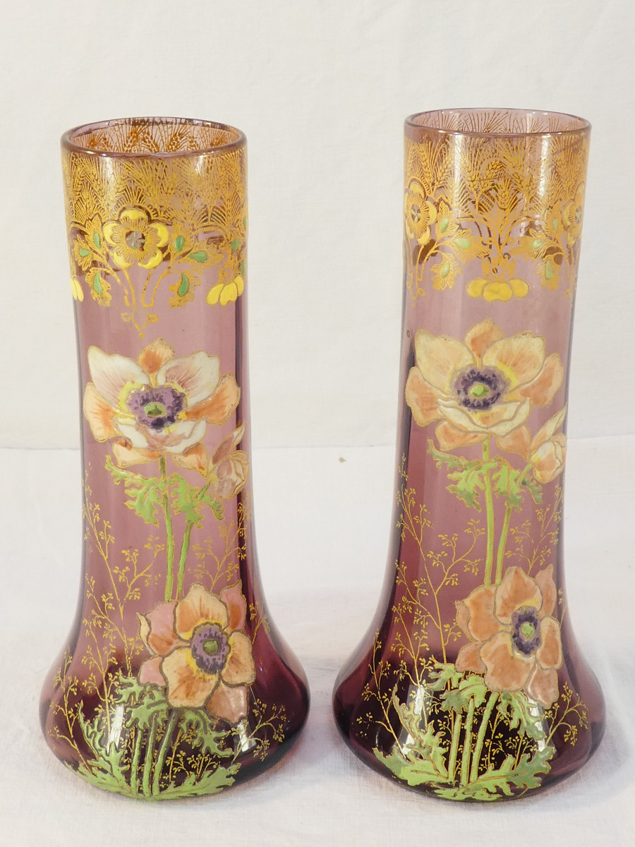 Pair Of Legras Vases In Enameled Glass From The Art Nouveau Period, Decorated With Anemones