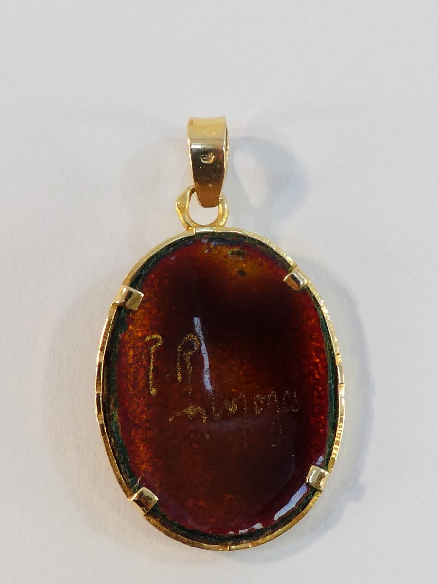 Exquisite 18k Gold And Limoges Enamel Pendant By R. Restoueix, La Fabiola-photo-4