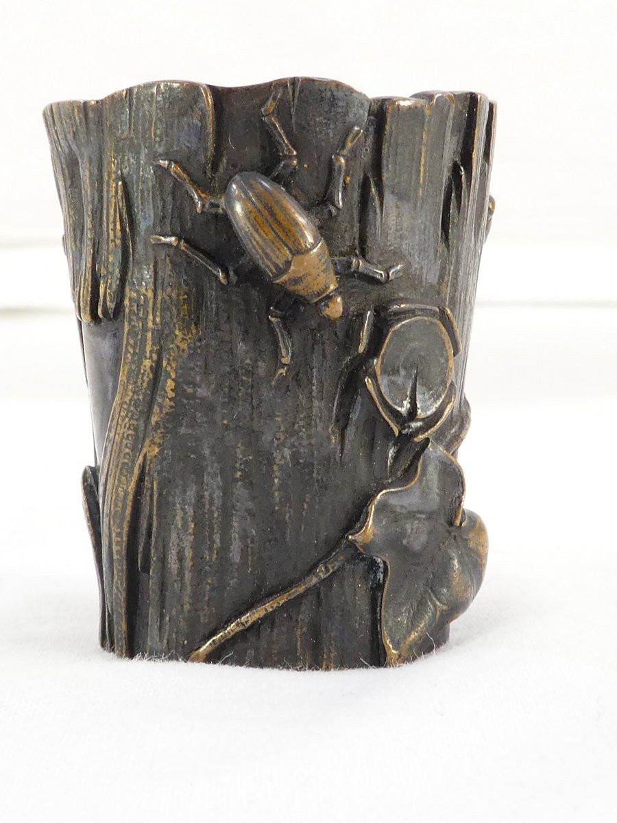 Bronze Art Nouveau Insects On A Tree Trunk-photo-3