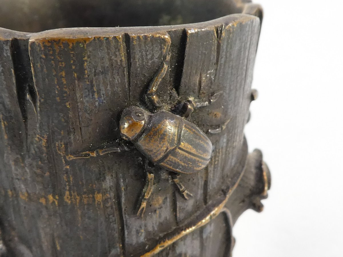 Bronze Art Nouveau Insects On A Tree Trunk-photo-2