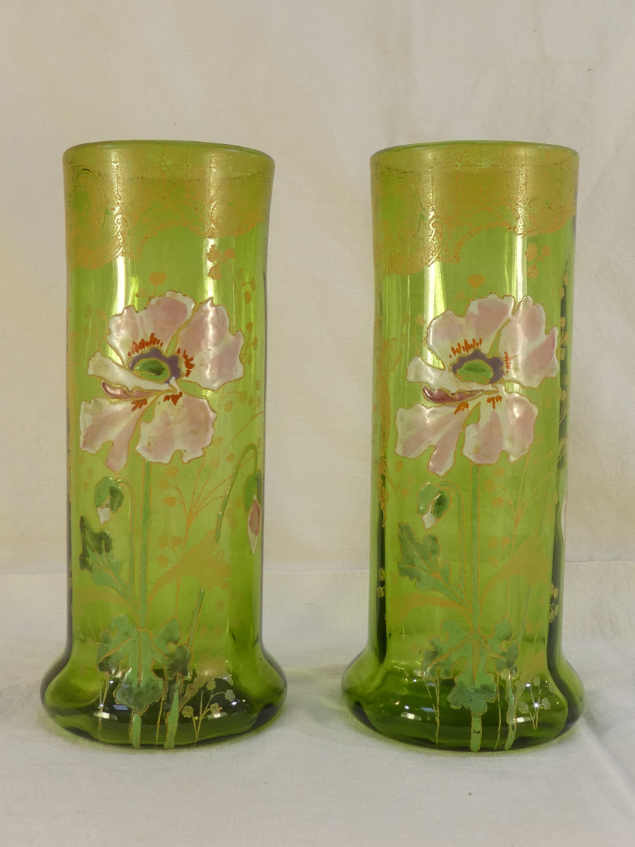 Paire de Vases LEGRAS en verre emaillé d'epoque ART NOUVEAU décor aux anémones