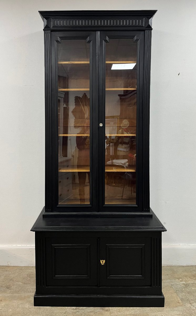 Buffet Bibliotheque cabinet de curiosité en noyer peint en noir 2m40-photo-2