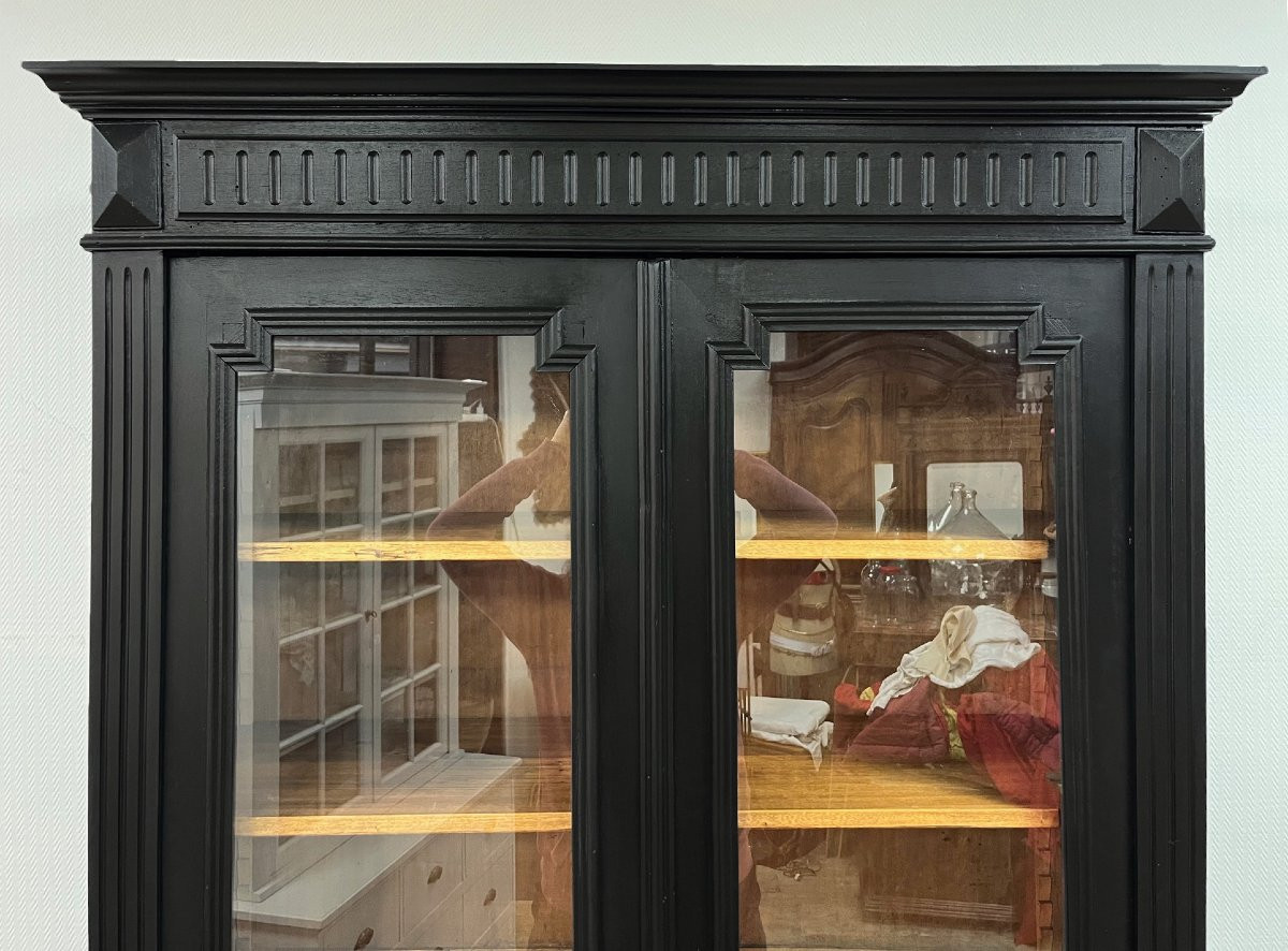 Buffet Bibliotheque cabinet de curiosité en noyer peint en noir 2m40-photo-4