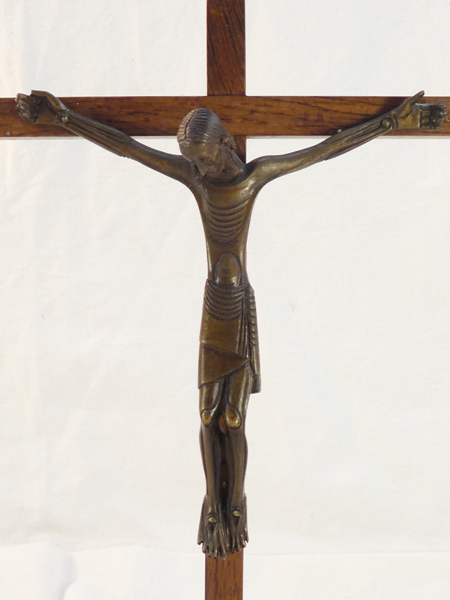 Jean Lambert Rucki Crucifix En Bronze Croix Sur Socle En Palissandre-photo-2