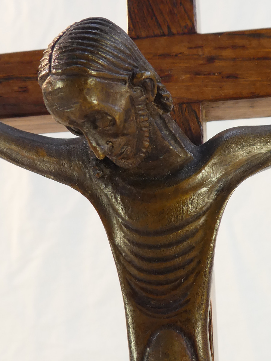 Jean Lambert Rucki Crucifix En Bronze Croix Sur Socle En Palissandre-photo-3