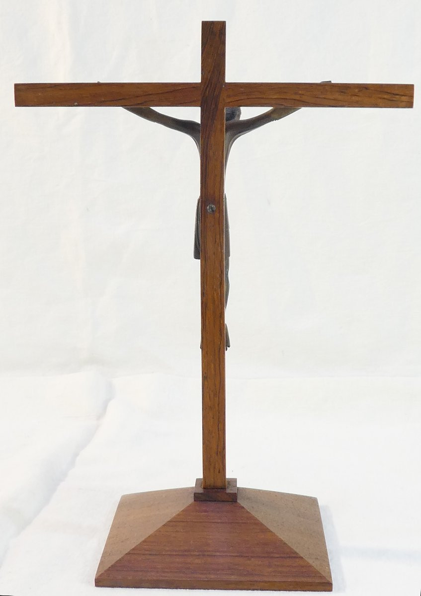 Jean Lambert Rucki Crucifix En Bronze Croix Sur Socle En Palissandre-photo-1