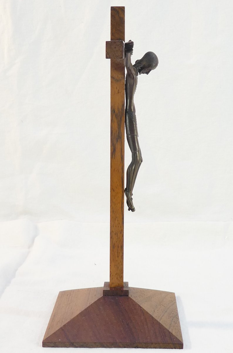 Jean Lambert Rucki Crucifix En Bronze Croix Sur Socle En Palissandre-photo-2