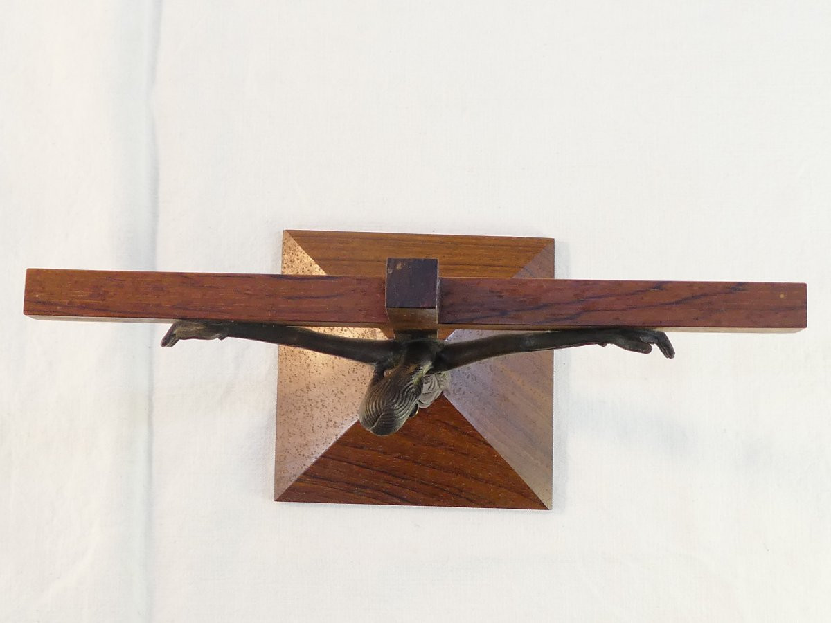 Jean Lambert Rucki Crucifix En Bronze Croix Sur Socle En Palissandre-photo-4