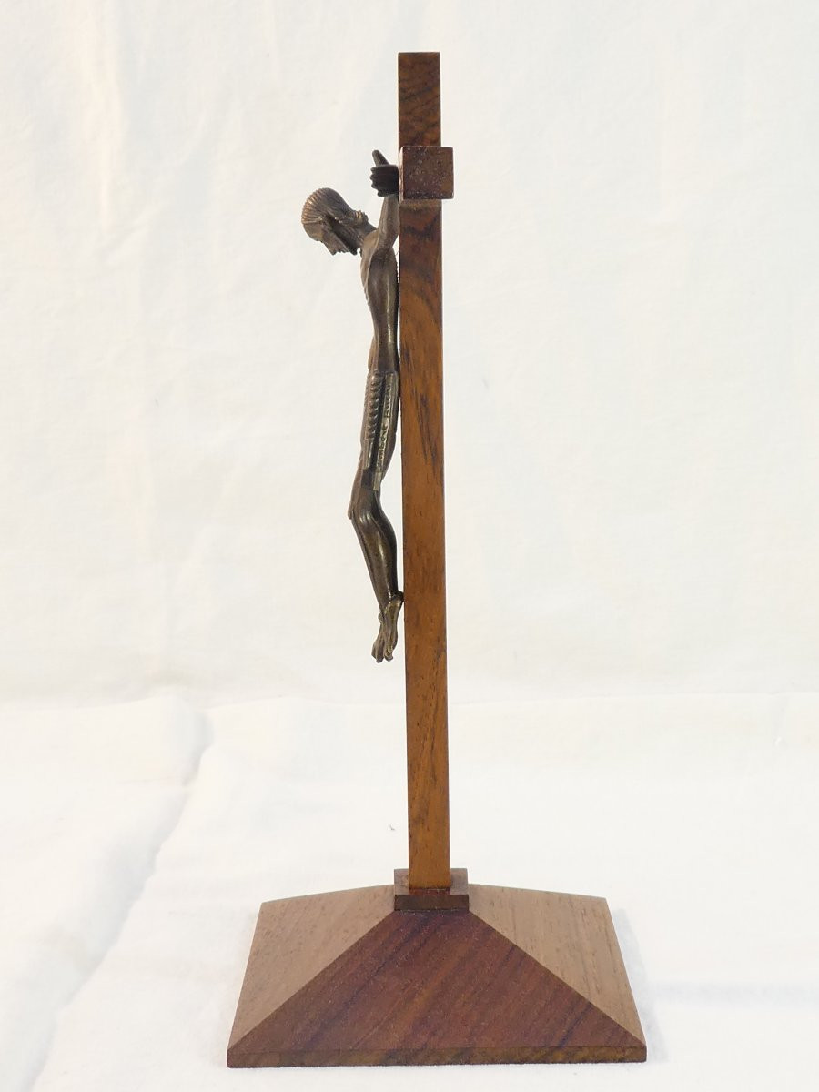 Jean Lambert Rucki Crucifix En Bronze Croix Sur Socle En Palissandre-photo-6
