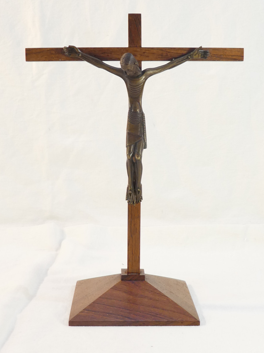 Jean Lambert Rucki Crucifix En Bronze Croix Sur Socle En Palissandre