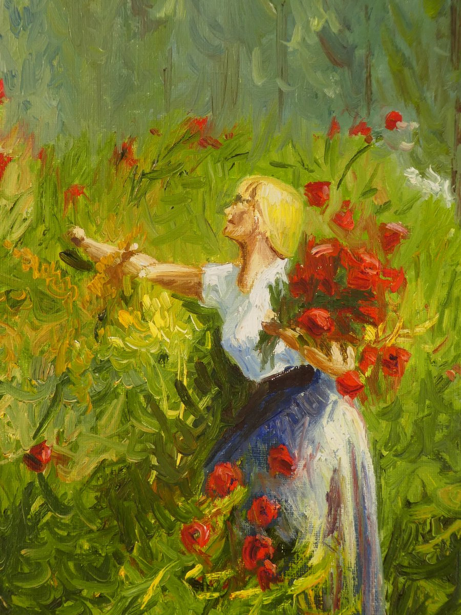Jean-Paul SURIN - CUEILLETTE DES COQUELICOTS - Huile sur toile-photo-3
