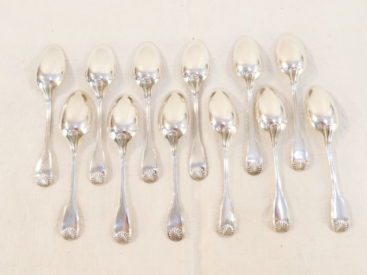 12 Massive Silver Moka Spoons Henri Lapparra Shell Design-photo-2
