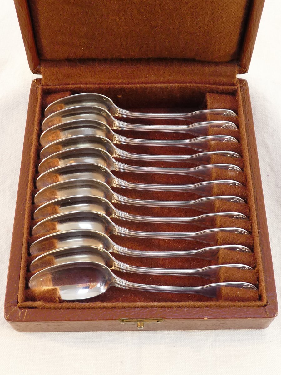 12 Massive Silver Moka Spoons Henri Lapparra Shell Design