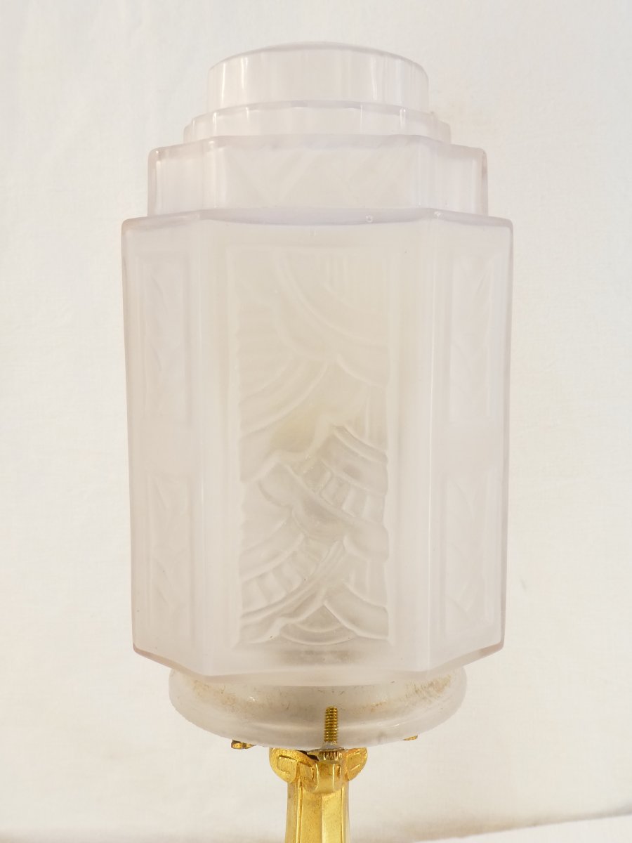 Paire de lampe ART DECO en bronze et verre moulé pressé-photo-4