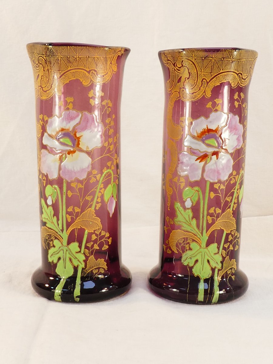 Paire de Vases LEGRAS en verre violet emaillé d'epoque ART NOUVEAU aux anémones-photo-2
