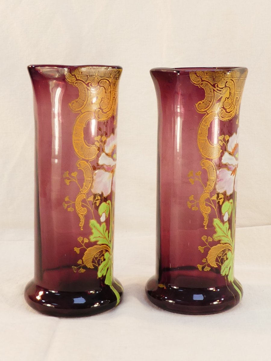 Paire de Vases LEGRAS en verre violet emaillé d'epoque ART NOUVEAU aux anémones-photo-3