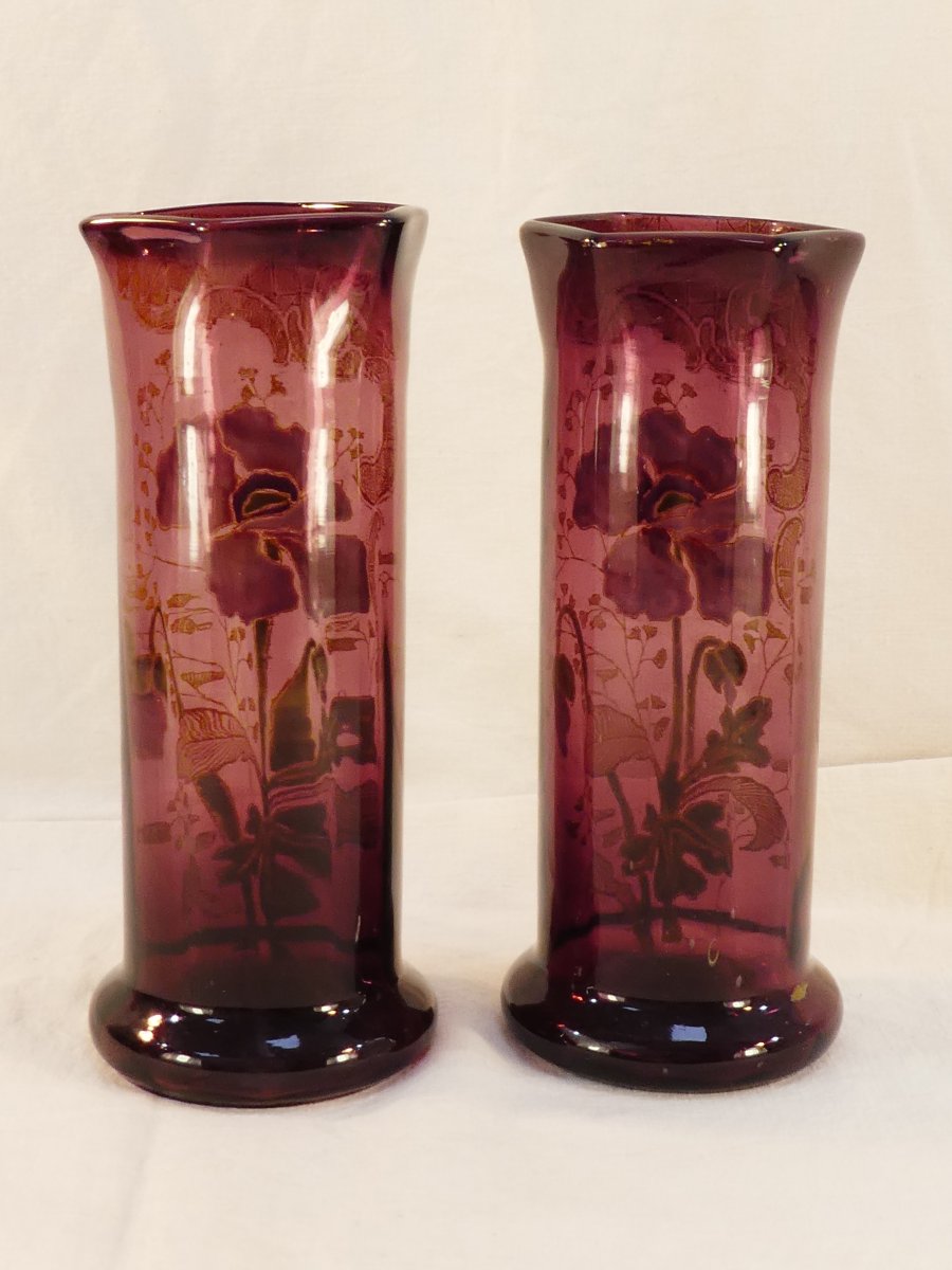 Paire de Vases LEGRAS en verre violet emaillé d'epoque ART NOUVEAU aux anémones-photo-4