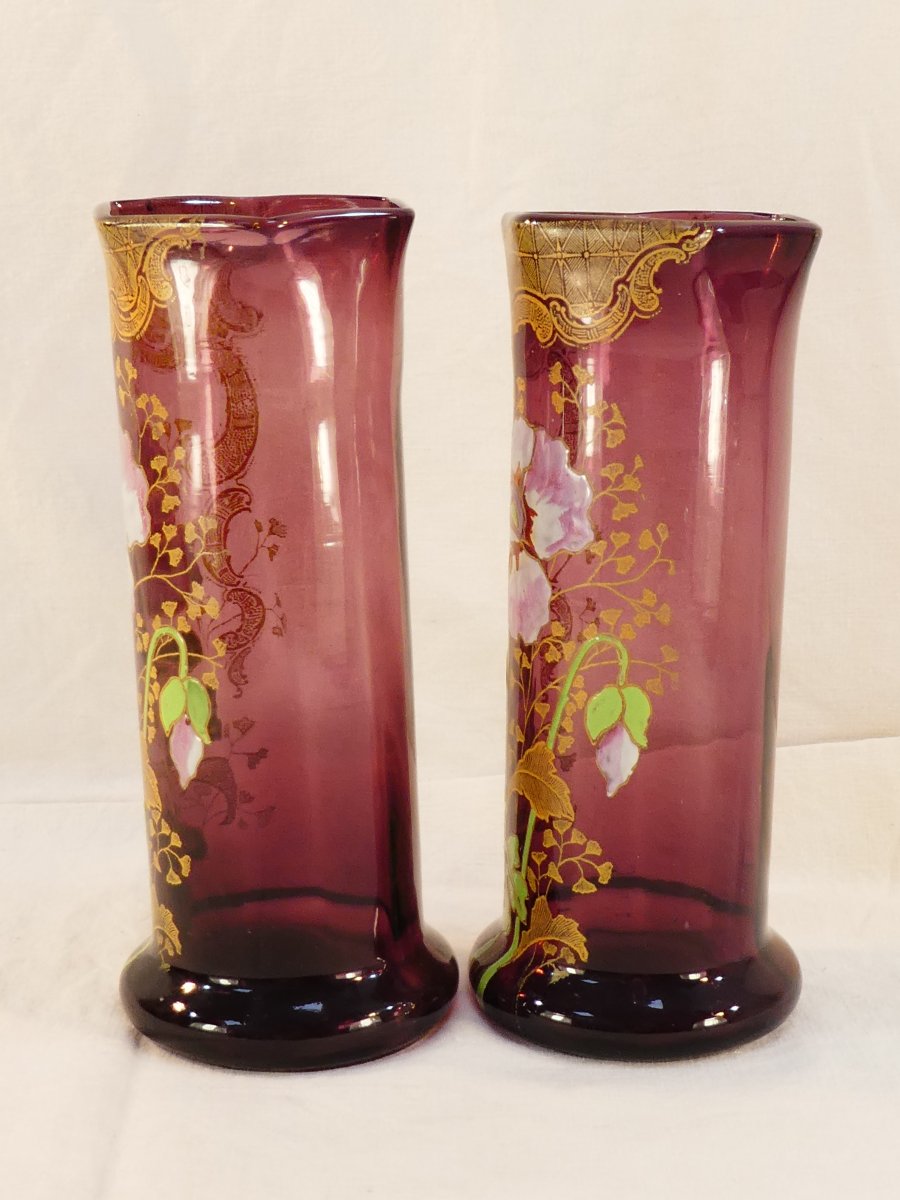 Paire de Vases LEGRAS en verre violet emaillé d'epoque ART NOUVEAU aux anémones-photo-1