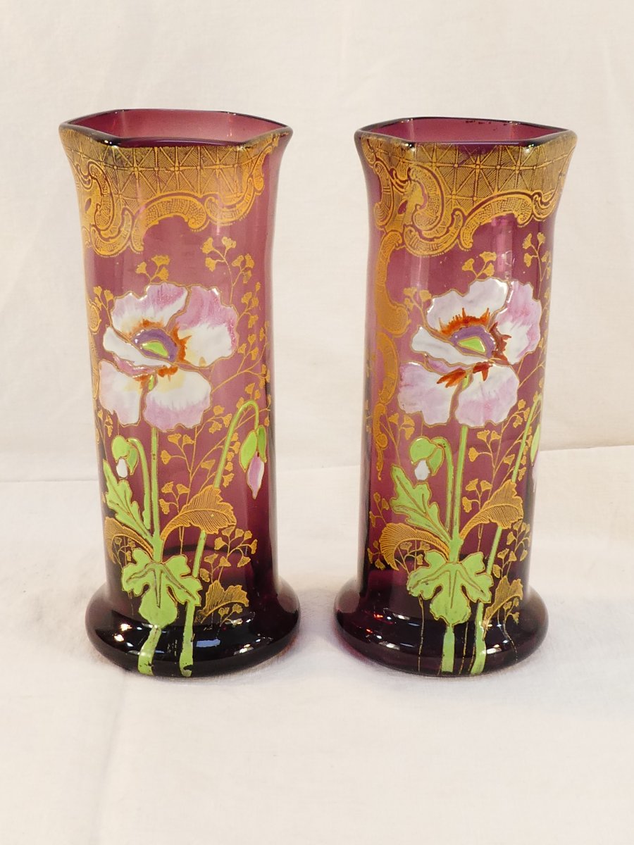 Paire de Vases LEGRAS en verre violet emaillé d'epoque ART NOUVEAU aux anémones