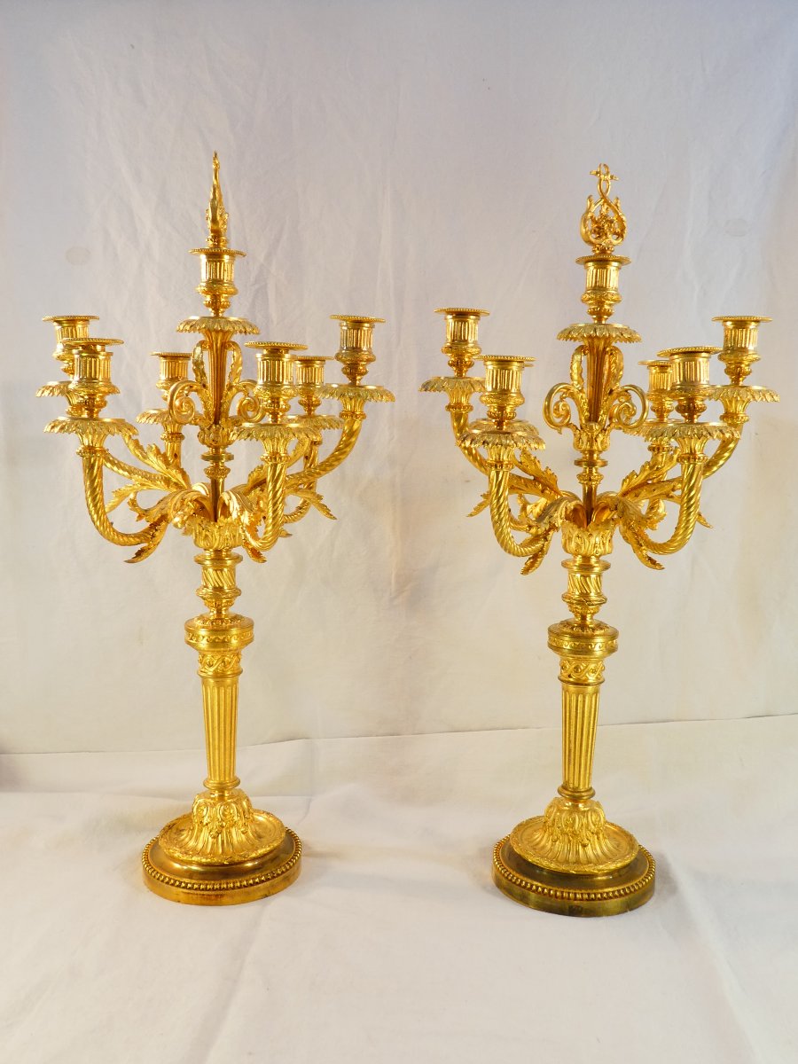 Large Pair Of 7-light Candelabers, 76 Cm, In Gilded Bronze, 19th-century-photo-2