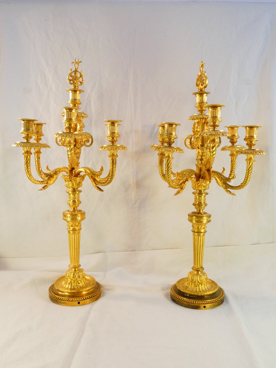 Large Pair Of 7-light Candelabers, 76 Cm, In Gilded Bronze, 19th-century-photo-3