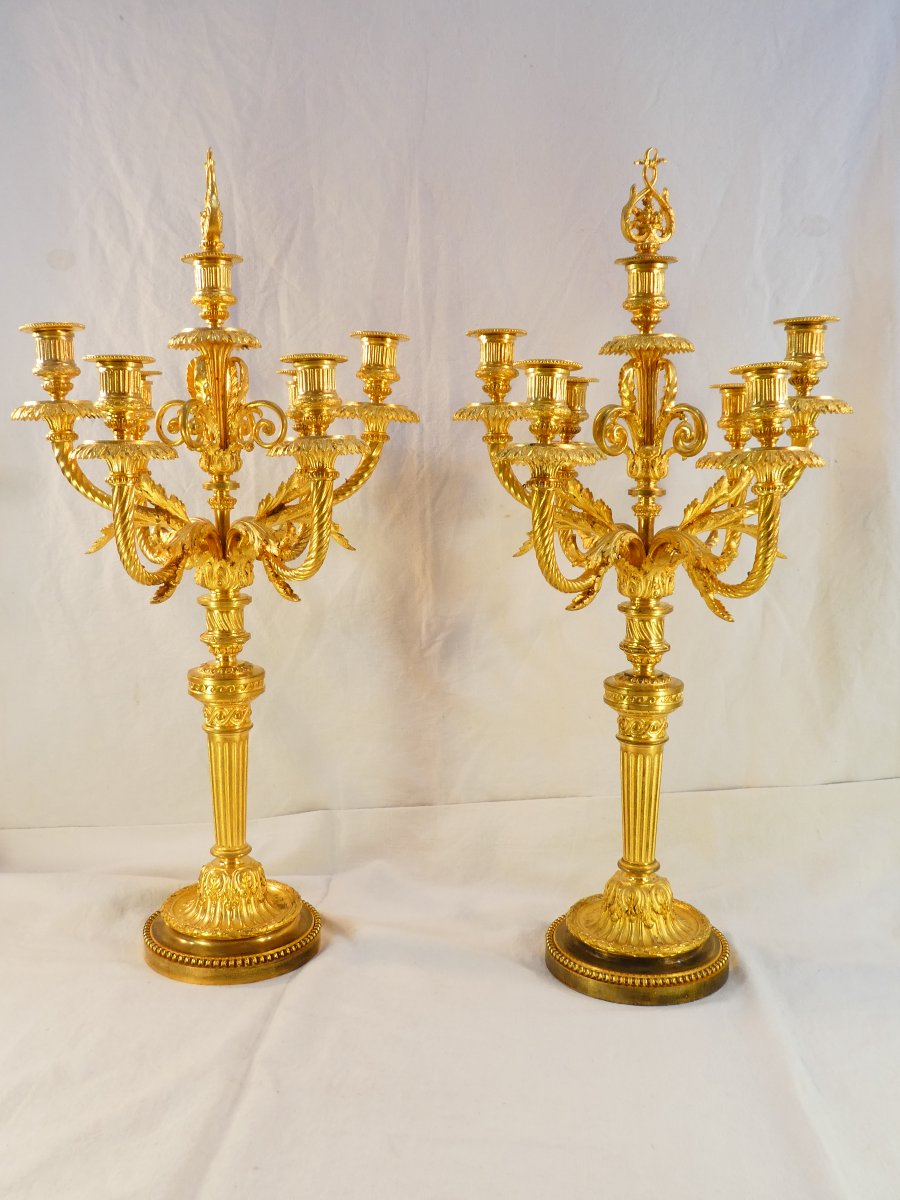 Large Pair Of 7-light Candelabers, 76 Cm, In Gilded Bronze, 19th-century-photo-4