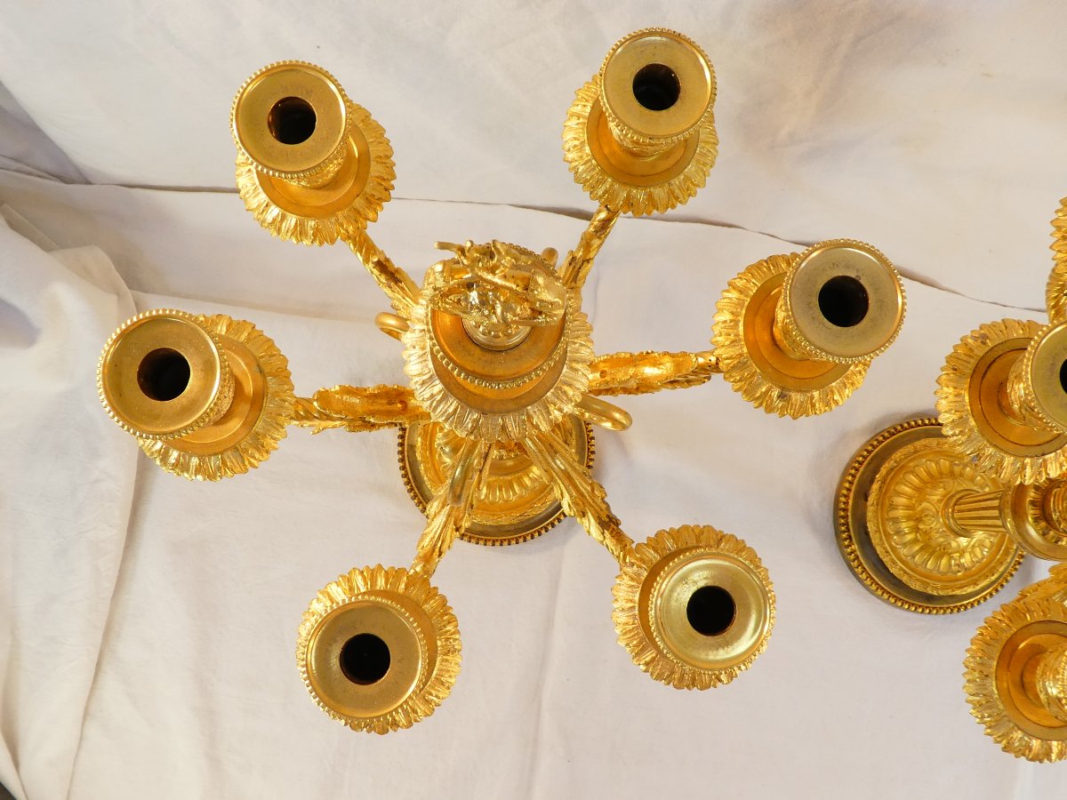 Large Pair Of 7-light Candelabers, 76 Cm, In Gilded Bronze, 19th-century-photo-5