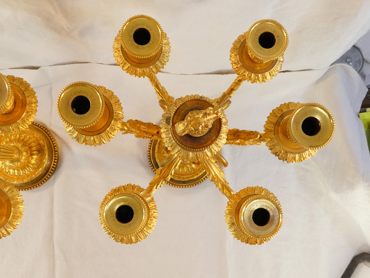 Large Pair Of 7-light Candelabers, 76 Cm, In Gilded Bronze, 19th-century-photo-6