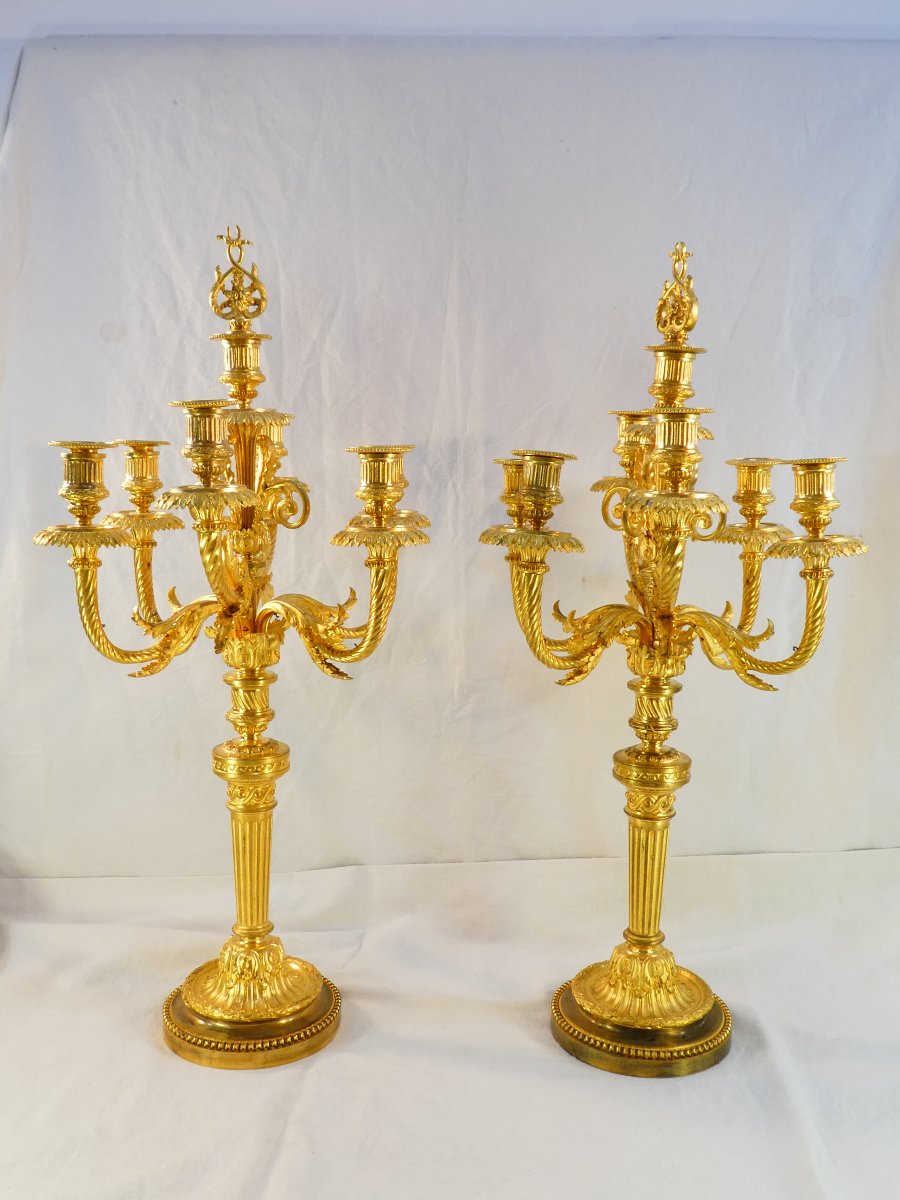 Large Pair Of 7-light Candelabers, 76 Cm, In Gilded Bronze, 19th-century