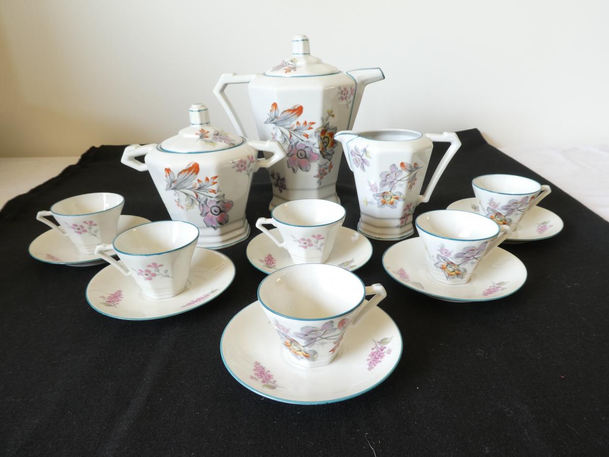 Coffee Service Art Deco Porcelain Signed Drb Limoges