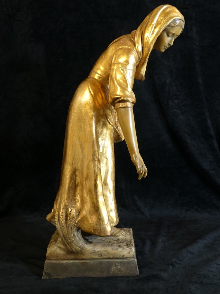 Large  Terracotta Statue Goldscheider `` Gleaner '' Golden Patina-photo-3