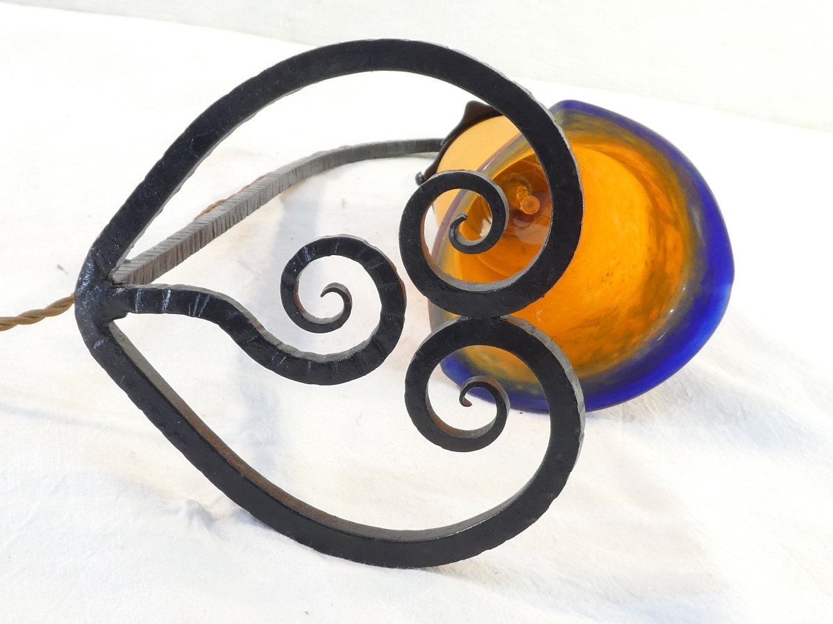 Art Deco Lamp In Wrought Iron And Glass Paste-photo-6