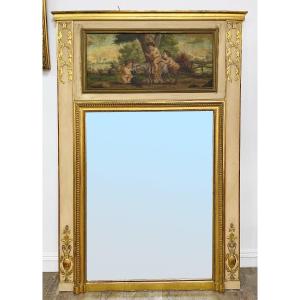 Large Trumeau Mirror Painted And Gilded With Leaf From The 19th Century Putti Canvas