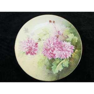 Plat En Porcelaine De Limoges Décor De Dahlia Rose Signé Martial