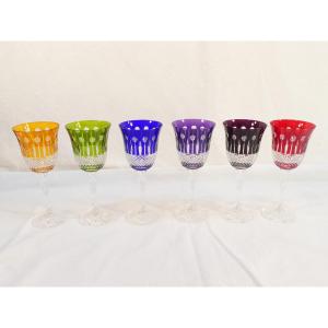 6 Large Colored Crystal Water Glasses (cristallerie De Lorraine)