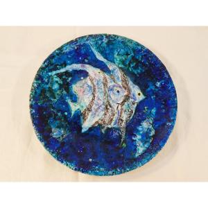 Grand Plat en ceramique VINTAGE décor de poisson bleu année 50/60 dlg P-R LUCAS