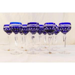 12 Large Blue Roemer Glasses Kaspar Cristal France