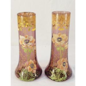 Pair Of Legras Vases In Enameled Glass From The Art Nouveau Period, Decorated With Anemones
