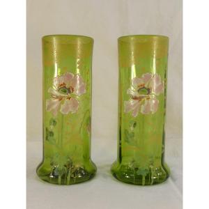 Pair Of Legras Vases In Enameled Glass From The Art Nouveau Period, Decorated With Anemones