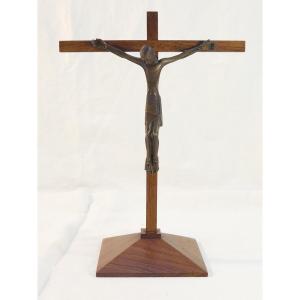 Jean Lambert Rucki Crucifix En Bronze Croix Sur Socle En Palissandre