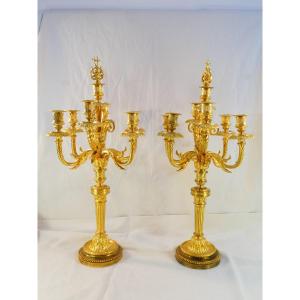 Large Pair Of 7-light Candelabers, 76 Cm, In Gilded Bronze, 19th-century