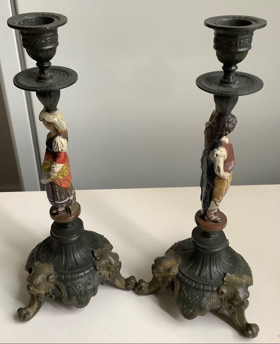 A Pair Of Candlesticks In Spelter Painted Decor Of Characters-photo-1