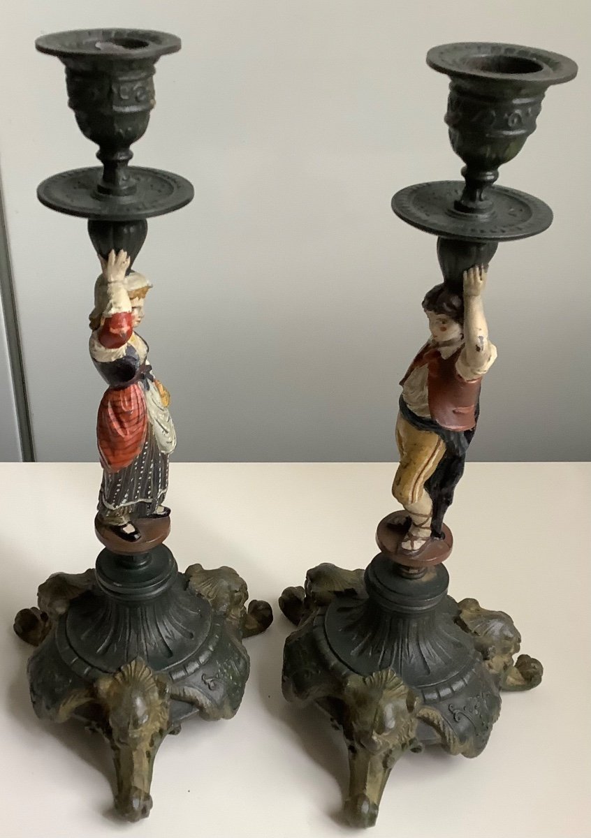 A Pair Of Candlesticks In Spelter Painted Decor Of Characters-photo-3