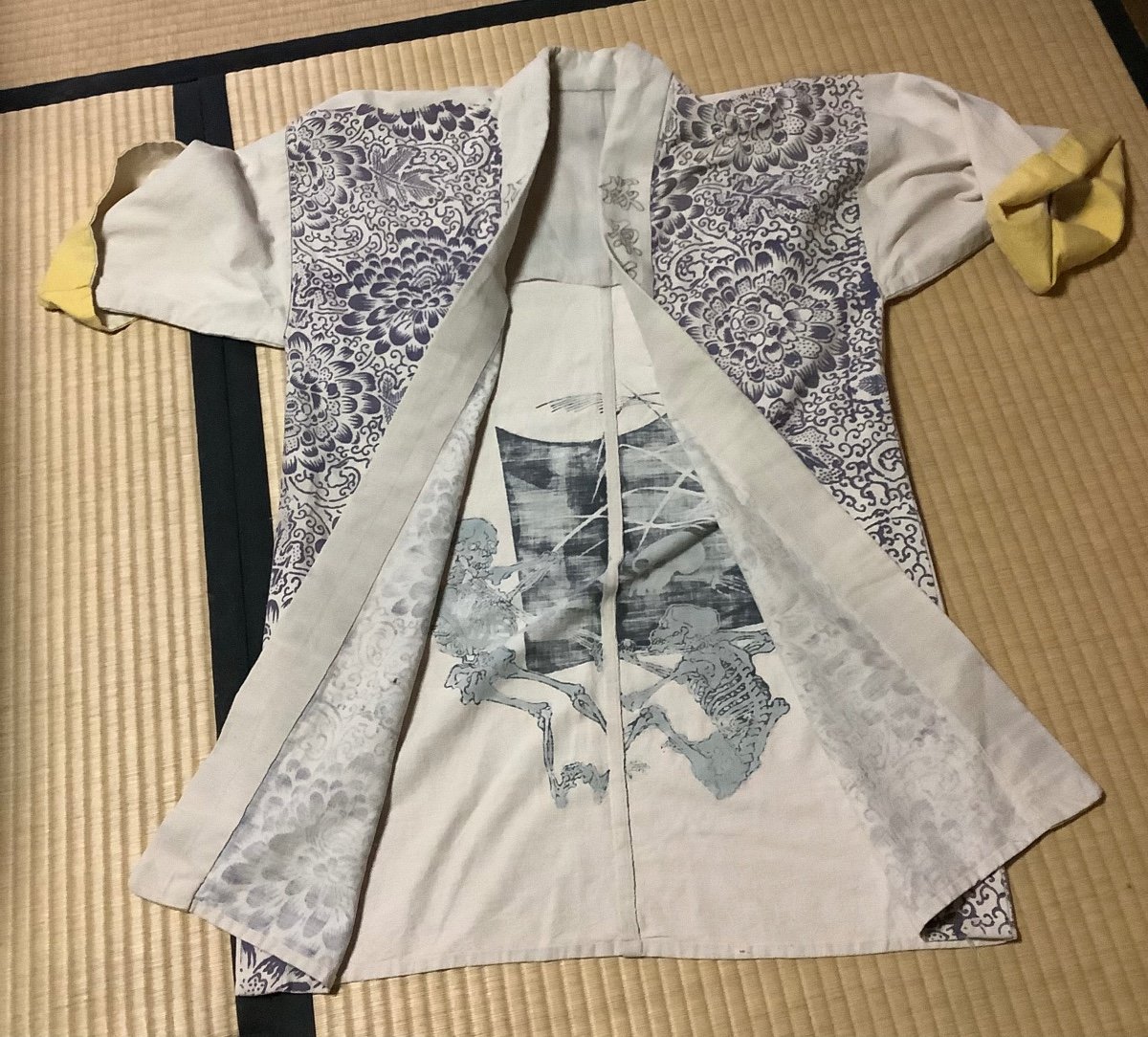 Kimono En Lin Décor Fleurs Peint Avec Jeux De Skeltons époque Meiji-photo-1