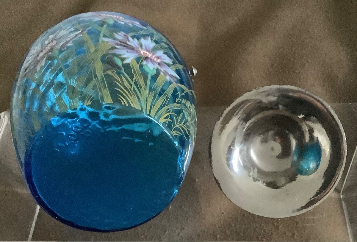 An Enameled Glass Candy Box Decorated With Flowers On A Blue Background, 1900s Period-photo-3