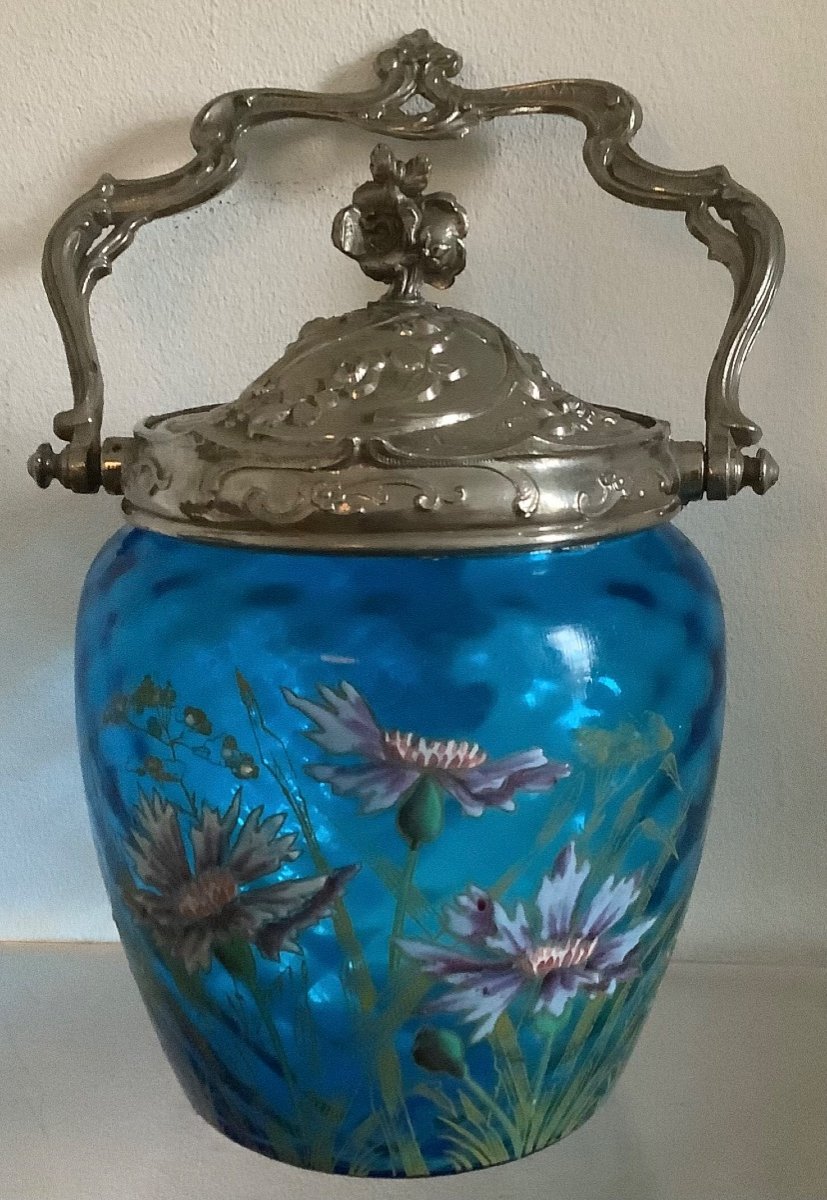 An Enameled Glass Candy Box Decorated With Flowers On A Blue Background, 1900s Period