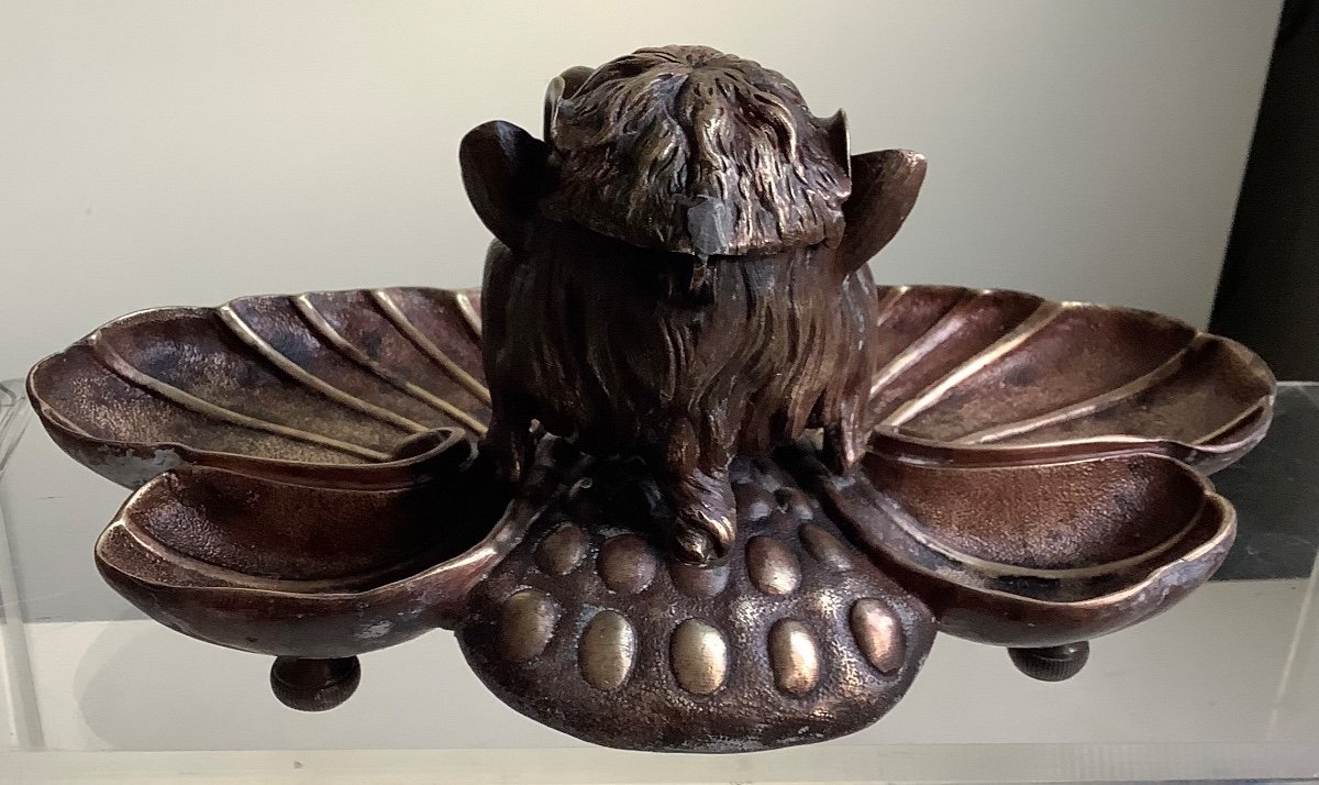 Bronze Inkwell On Base With Grotesque Monster Head-photo-3